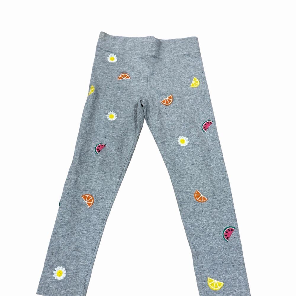 Boden Girls Fun Leggings Light Gray Embroidered Fruit & Daisy Cotton Blend 5-6Y